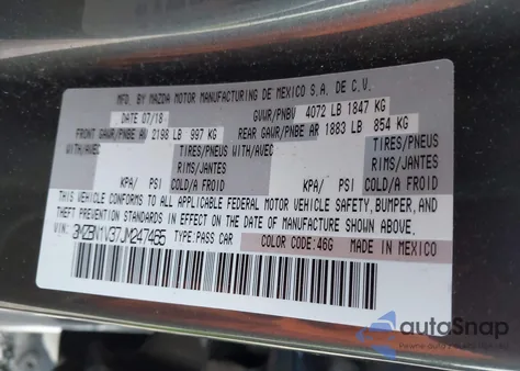 2018 Mazda Mazda3 Touring из США, поврежденный, VIN 3MZBN1V37JM247465